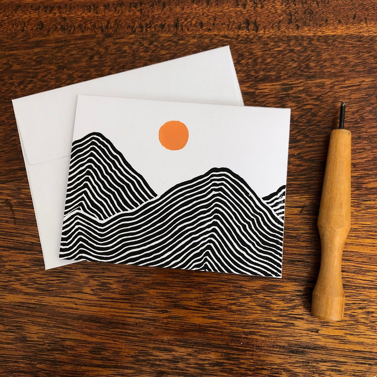 Mixed 6-pack of hand-printed linocut cards (blank) — Mountain landscape with sun & moon