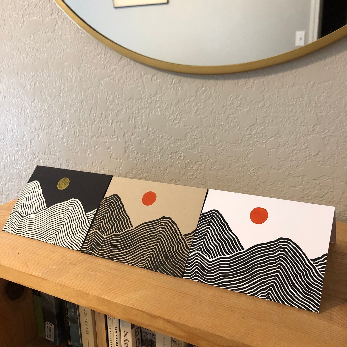 Mixed 6-pack of hand-printed linocut cards (blank) — Mountain landscape with sun & moon