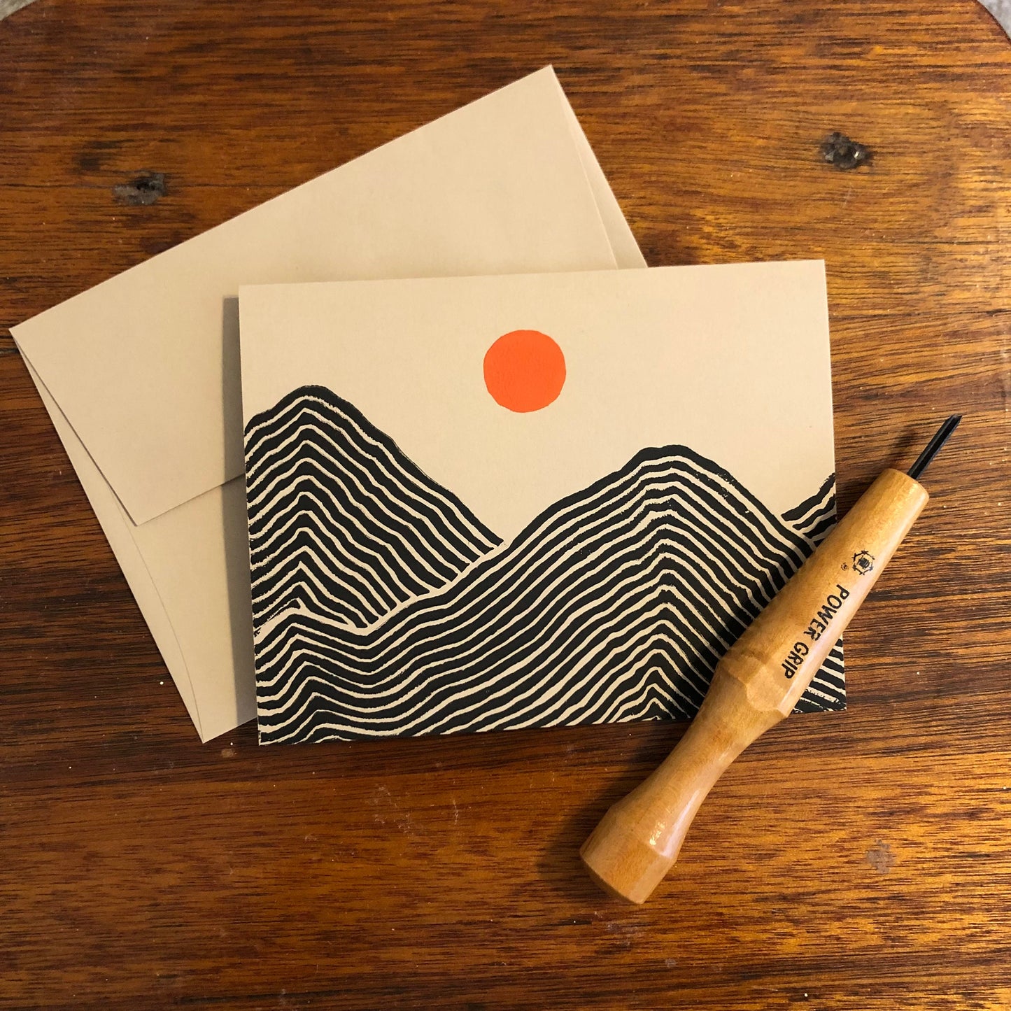 Mixed 6-pack of hand-printed linocut cards (blank) — Mountain landscape with sun & moon