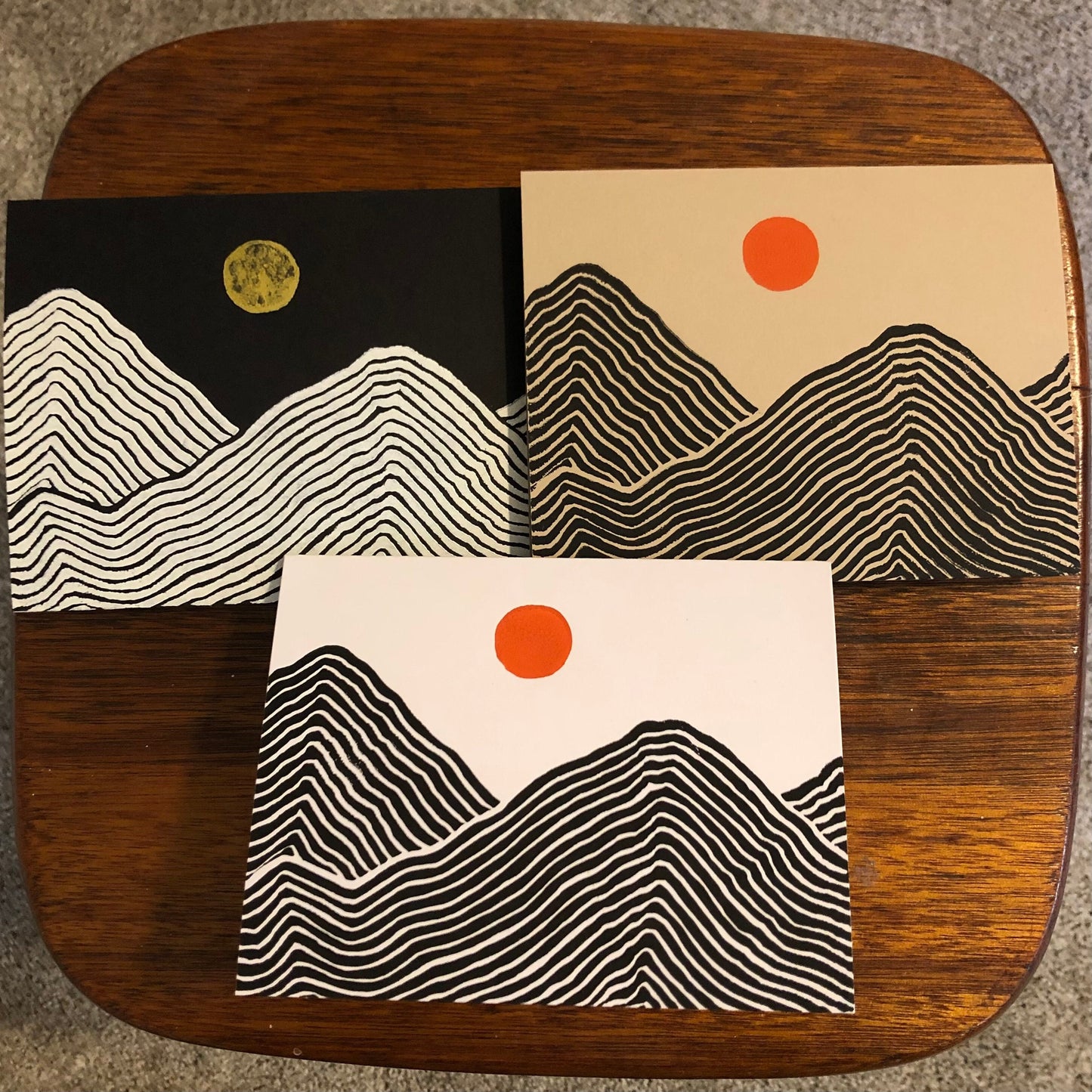 Mixed 6-pack of hand-printed linocut cards (blank) — Mountain landscape with sun & moon